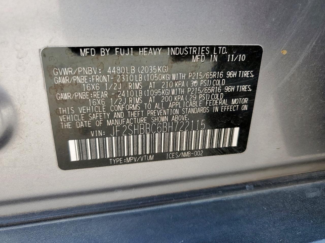 2011 Subaru Forester 2.5X VIN: JF2SHBBC6BH722115 Lot: 85760725