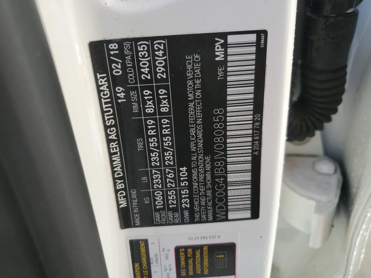 2018 Mercedes-Benz Glc 300 VIN: WDC0G4JB8JV080858 Lot: 84543125