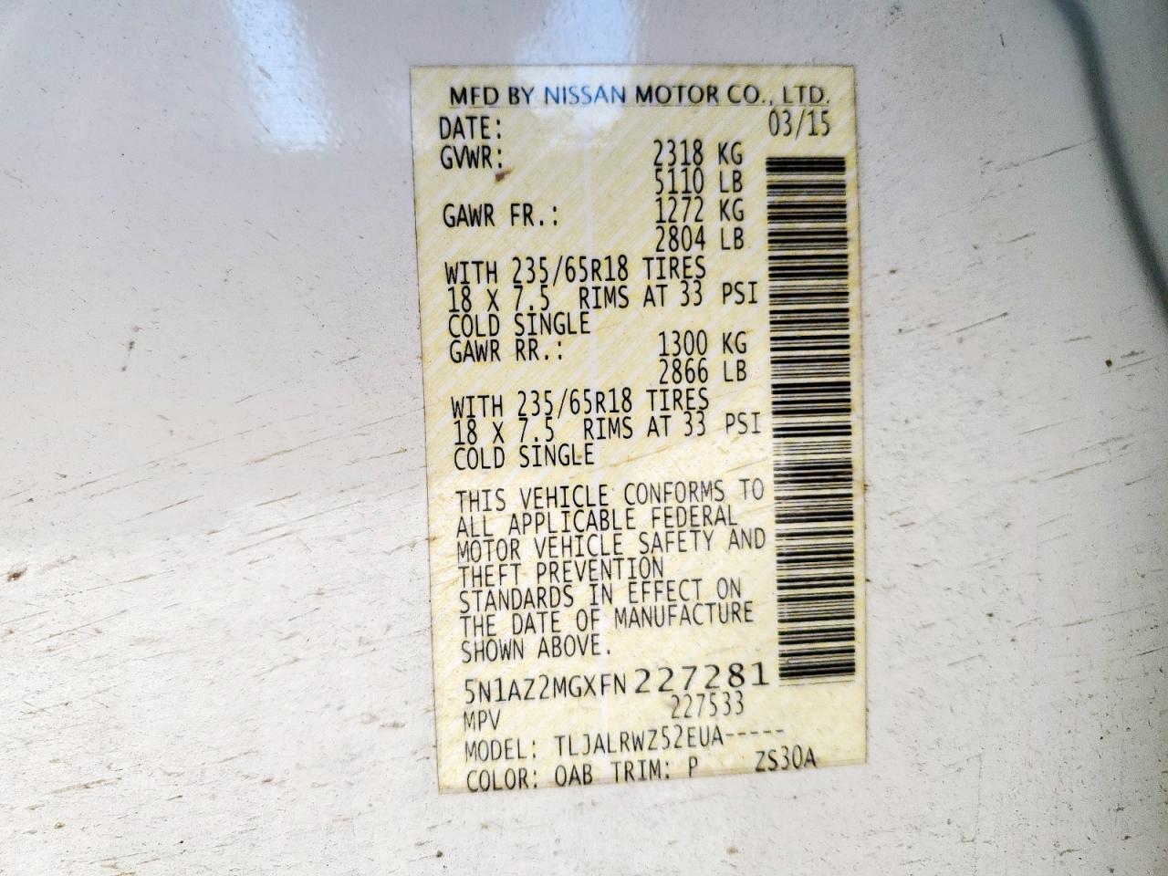 2015 Nissan Murano S VIN: 5N1AZ2MGXFN227281 Lot: 86288365