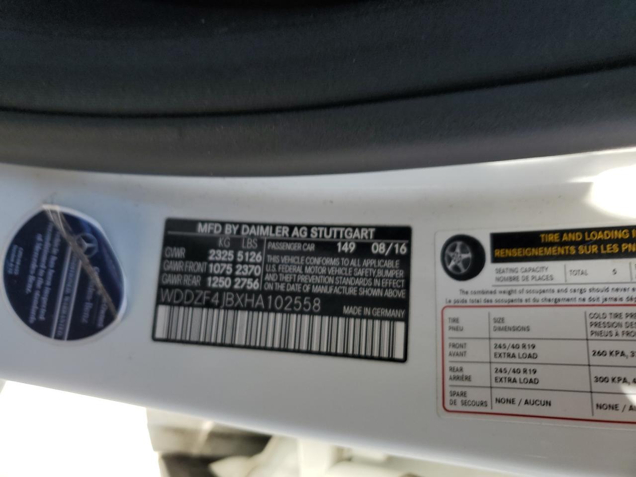 2017 Mercedes-Benz E 300 VIN: WDDZF4JBXHA102558 Lot: 85894245