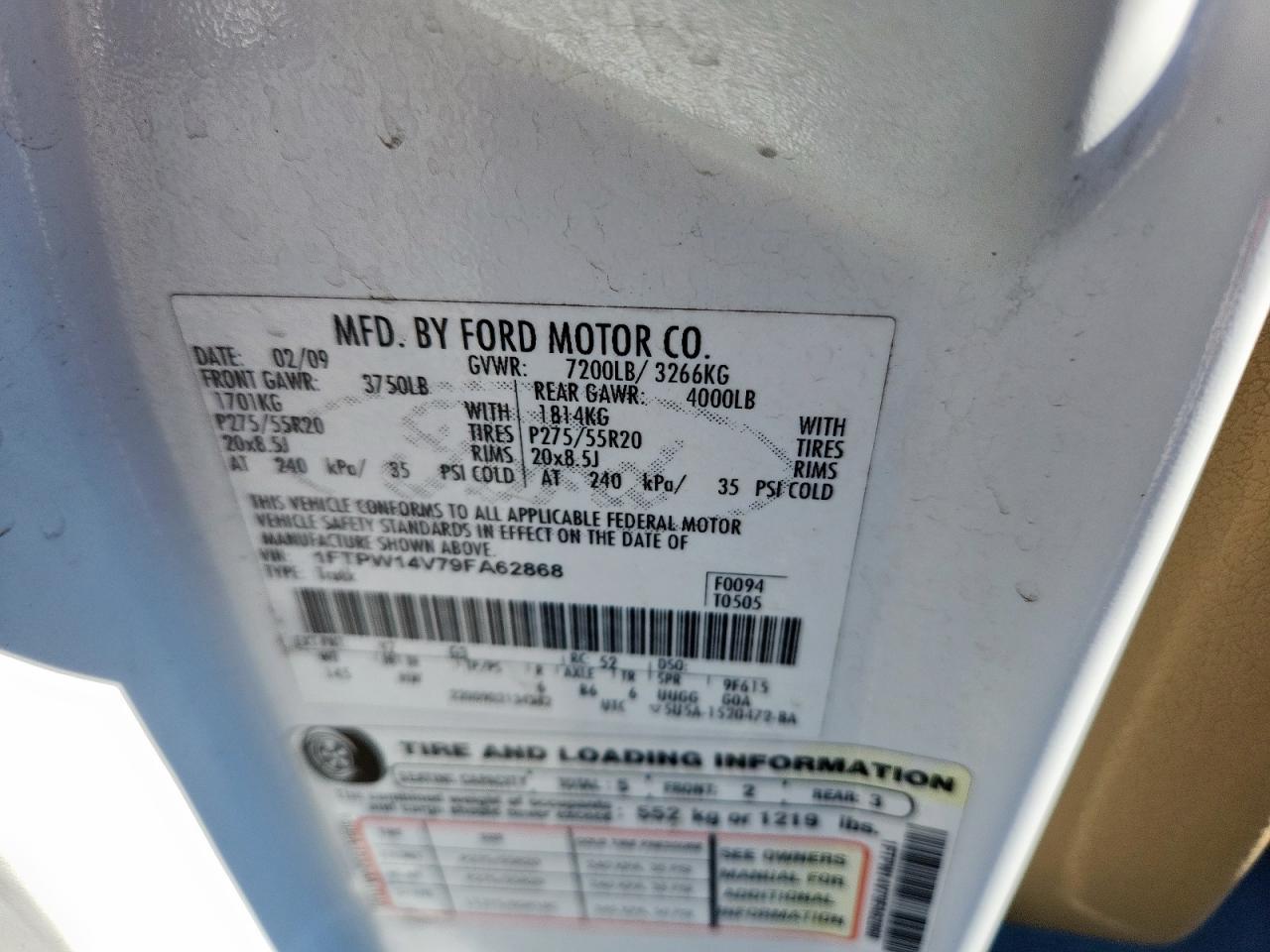 2009 Ford F150 Supercrew VIN: 1FTPW14V79FA62868 Lot: 84053635