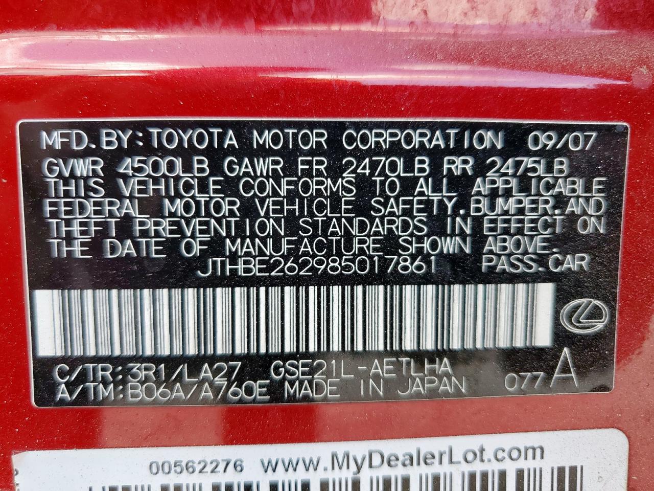 2008 Lexus Is 350 VIN: JTHBE262985017861 Lot: 82262765