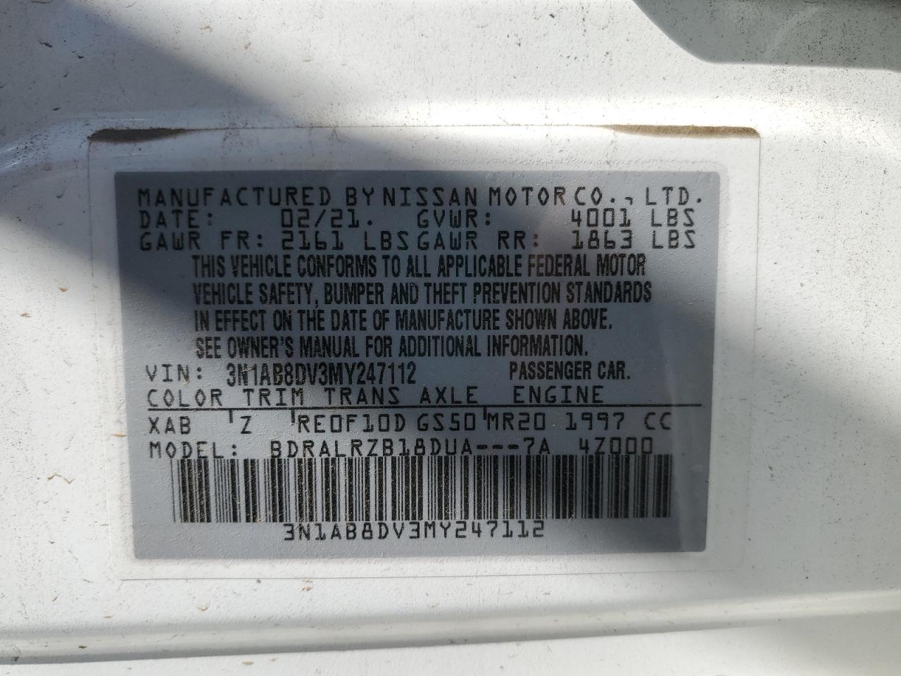 2021 Nissan Sentra Sr VIN: 3N1AB8DV3MY247112 Lot: 86129875