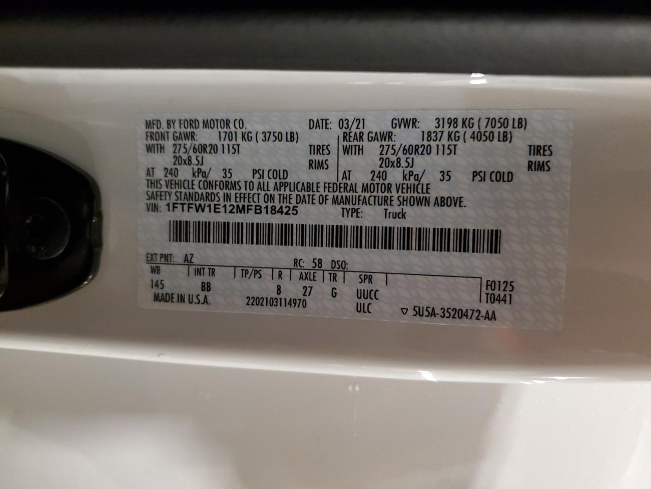 2021 Ford F150 Supercrew VIN: 1FTFW1E12MFB18425 Lot: 90596285