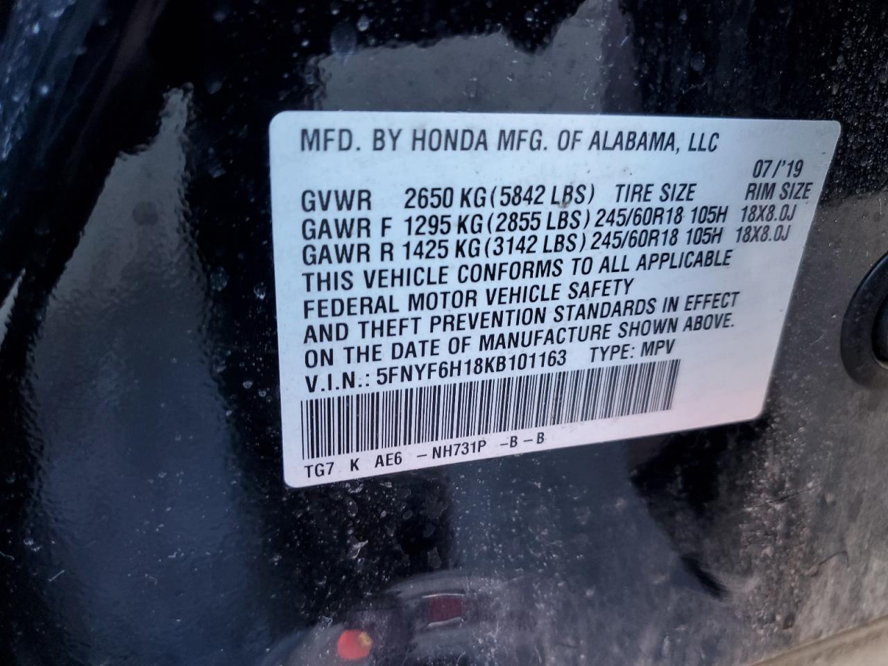 2019 Honda Pilot Lx VIN: 5FNYF6H18KB101163 Lot: 86065585