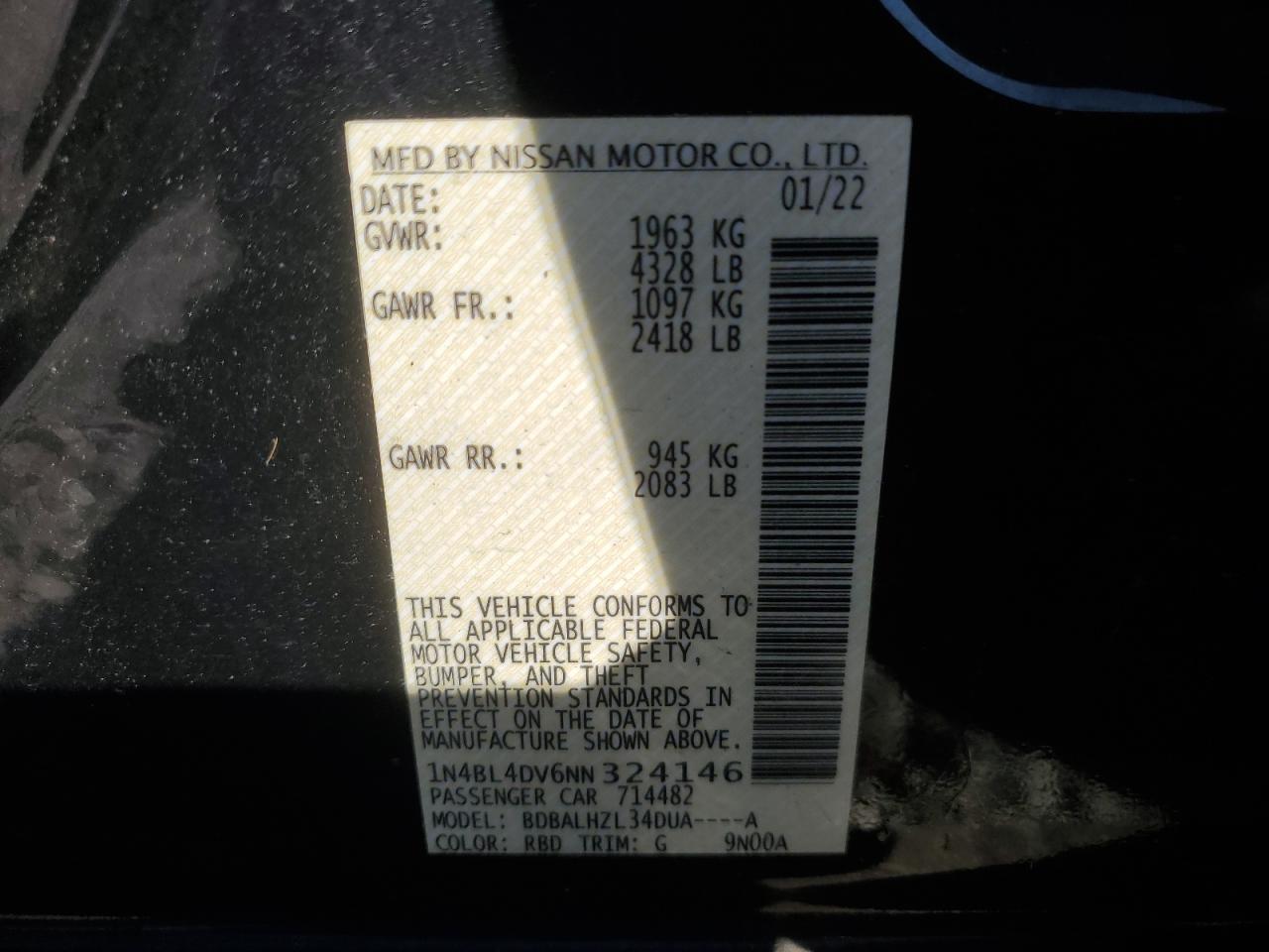 2022 Nissan Altima Sv VIN: 1N4BL4DV6NN324146 Lot: 85013195