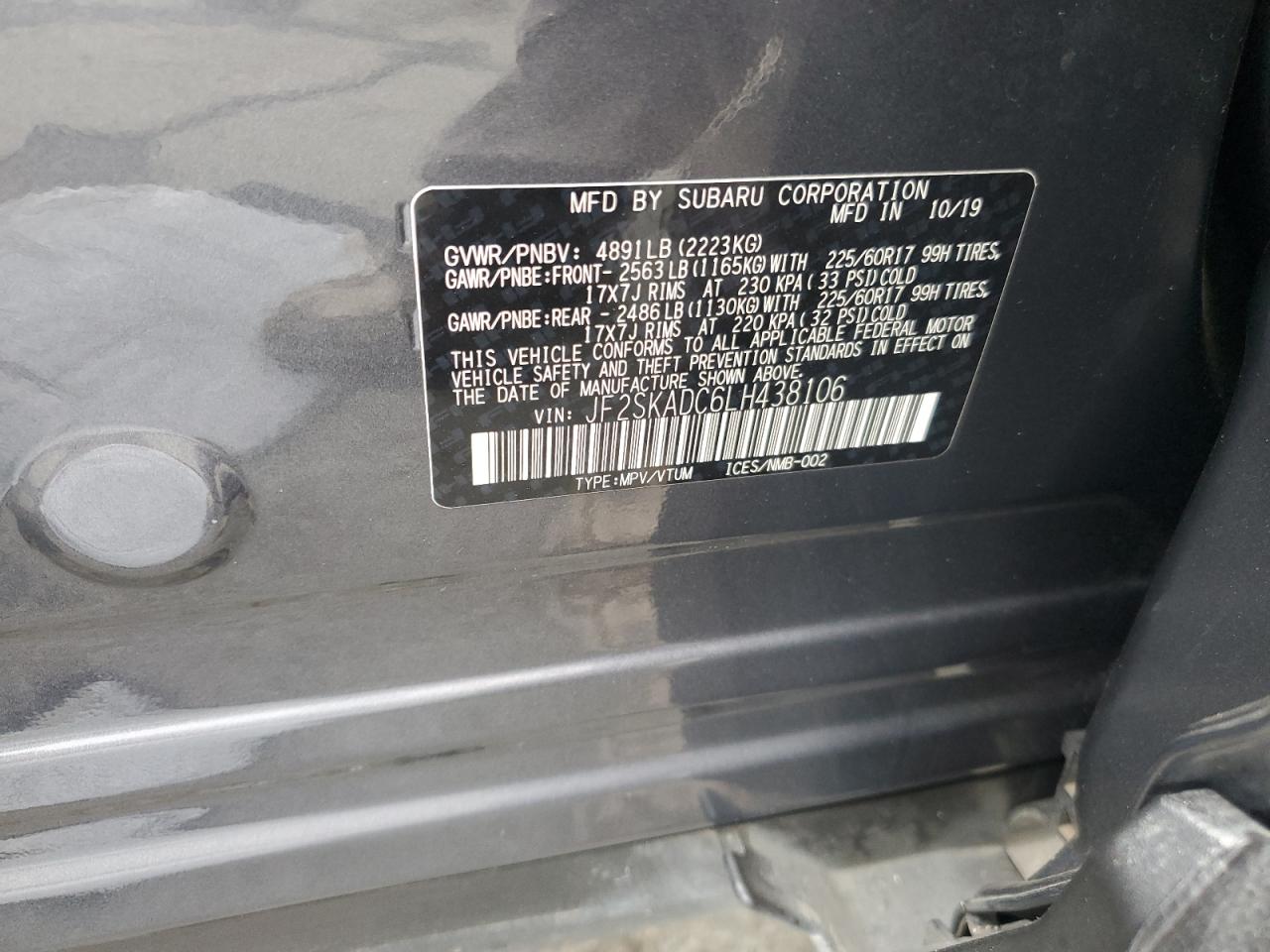 2020 Subaru Forester VIN: JF2SKADC6LH438106 Lot: 81960395