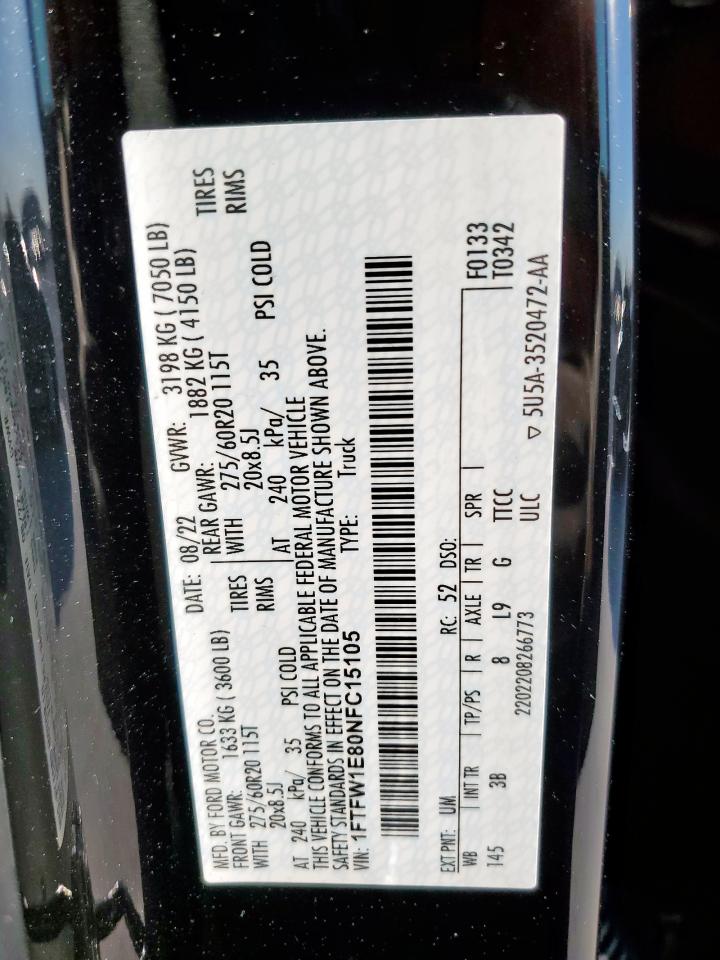 2022 Ford F150 Supercrew VIN: 1FTFW1E80NFC15105 Lot: 84779385