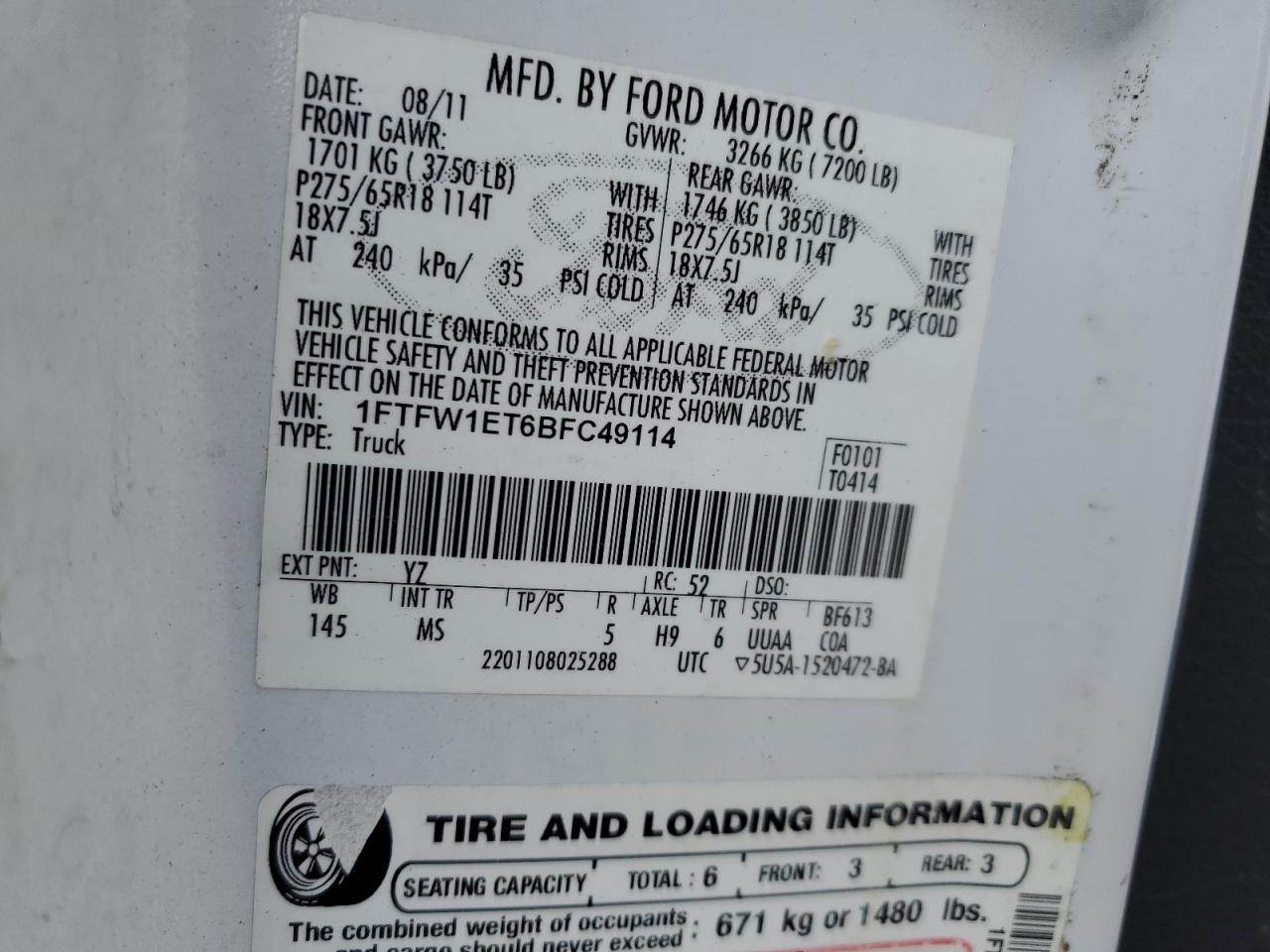 2011 Ford F150 Supercrew VIN: 1FTFW1ET6BFC49114 Lot: 85531605