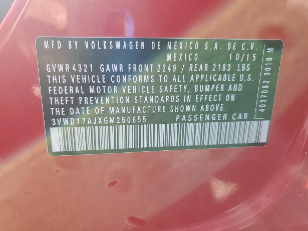 2016 Volkswagen Jetta Sport VIN: 3VWD17AJXGM250655 Lot: 85946405