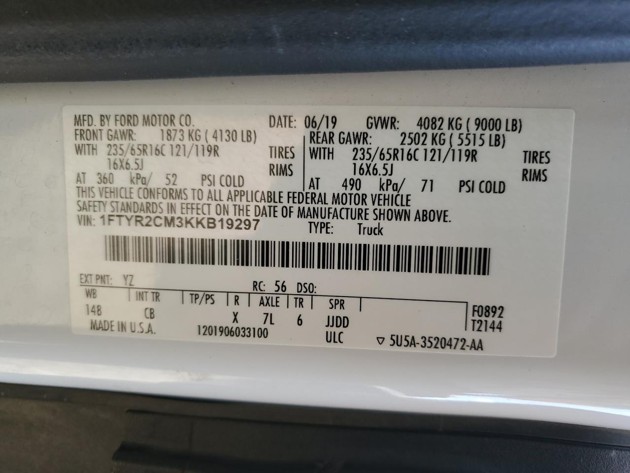 2019 Ford Transit 250 Delivery Van VIN: 1FTYR2CM3KKB19297 Lot: 89886955