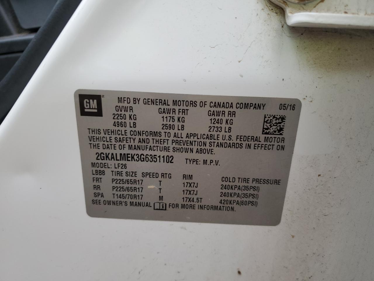 2016 GMC Terrain Sle VIN: 2GKALMEK3G6351102 Lot: 85824695