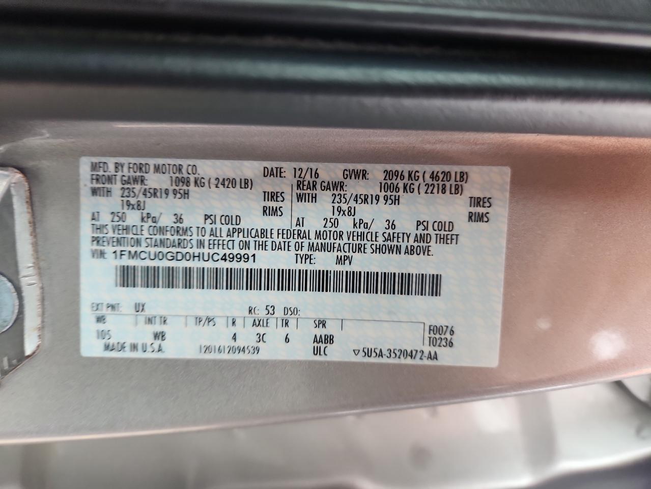 2017 Ford Escape Se VIN: 1FMCU0GD0HUC49991 Lot: 82292855