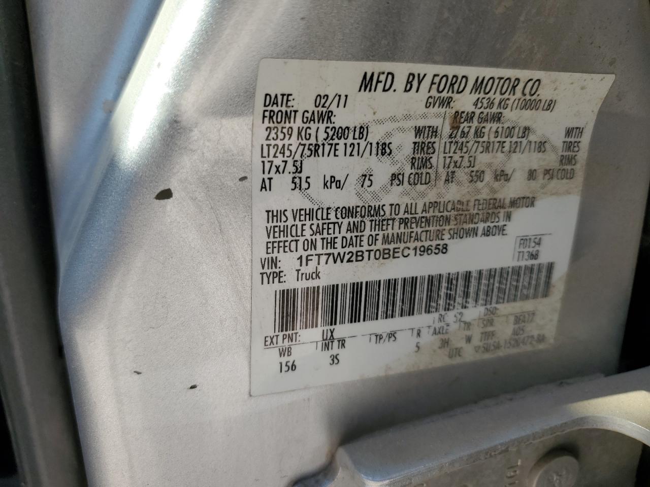 2011 Ford F250 Super Duty VIN: 1FT7W2BT0BEC19658 Lot: 86811905