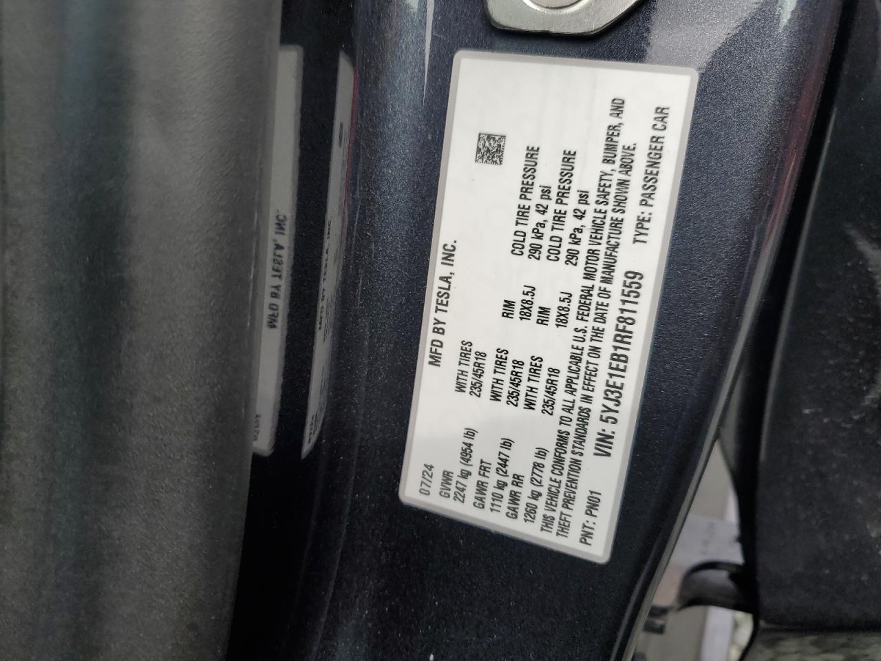 2024 Tesla Model 3 VIN: 5YJ3E1EB1RF811559 Lot: 86295365