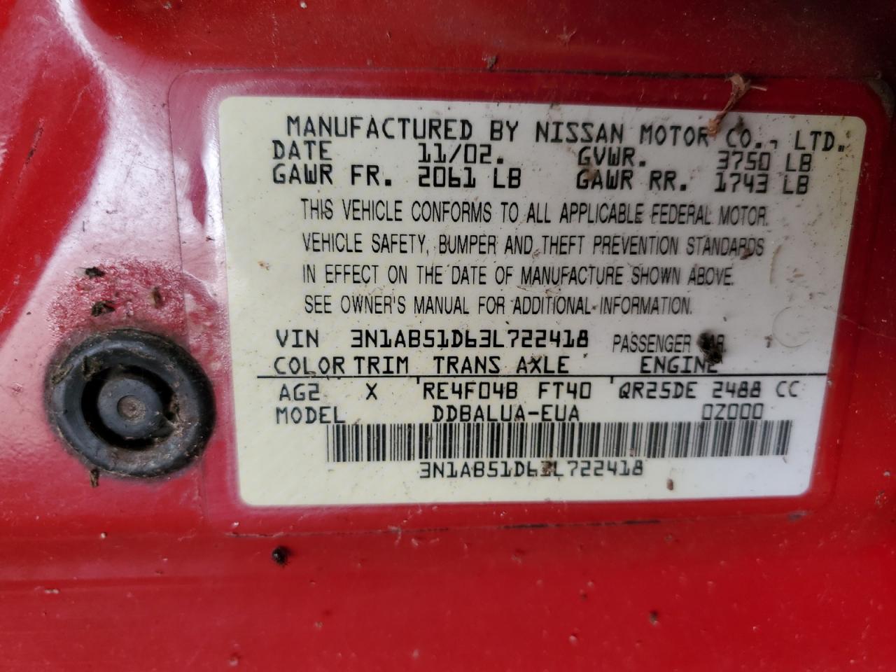 2003 Nissan Sentra Se-R Spec V VIN: 3N1AB51D63L722418 Lot: 85063615