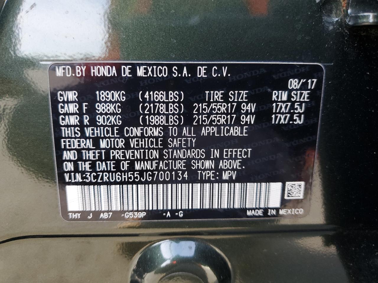 2018 Honda Hr-V Ex VIN: 3CZRU6H55JG700134 Lot: 81782135