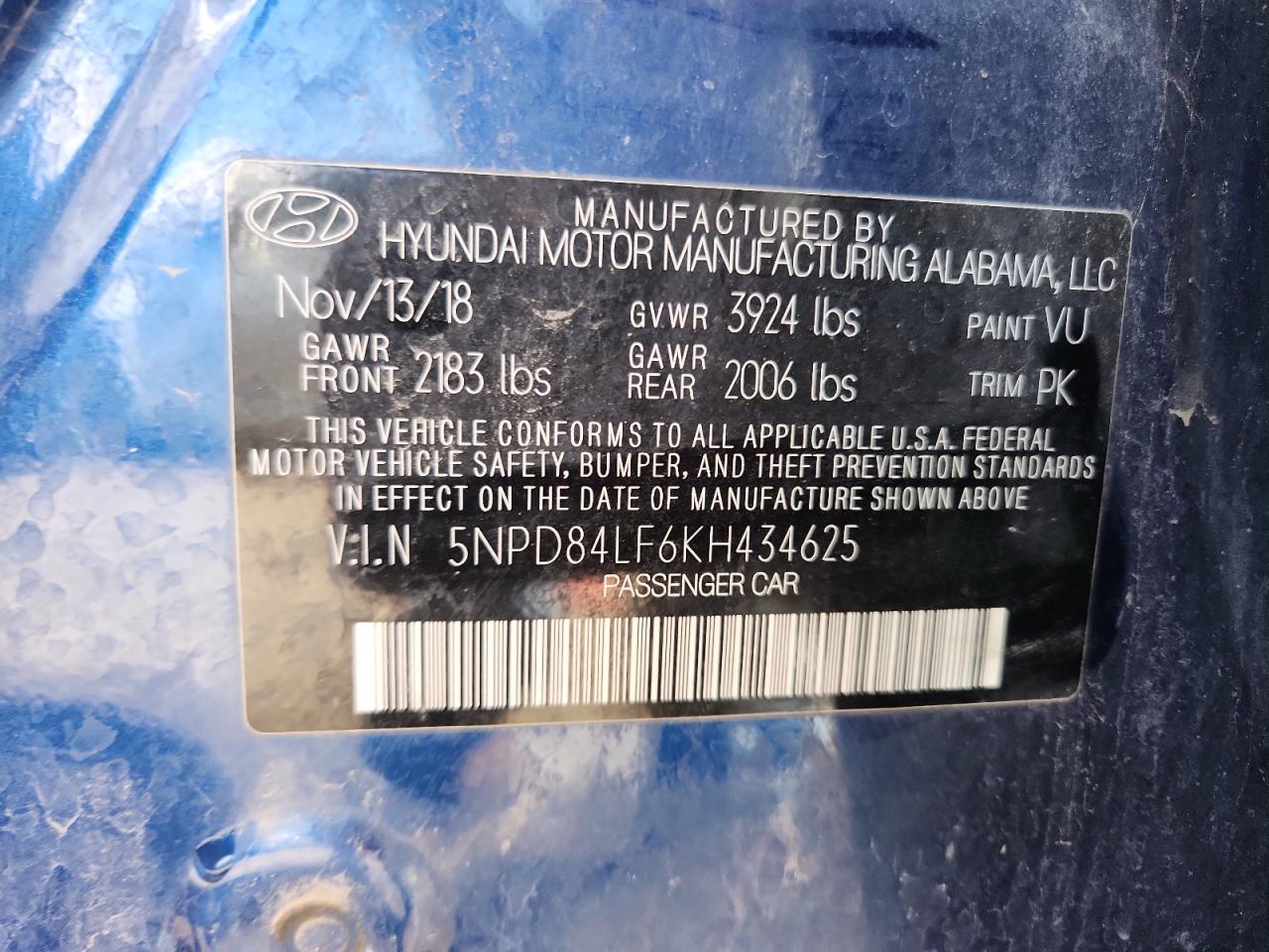 2019 Hyundai Elantra Sel VIN: 5NPD84LF6KH434625 Lot: 86295595