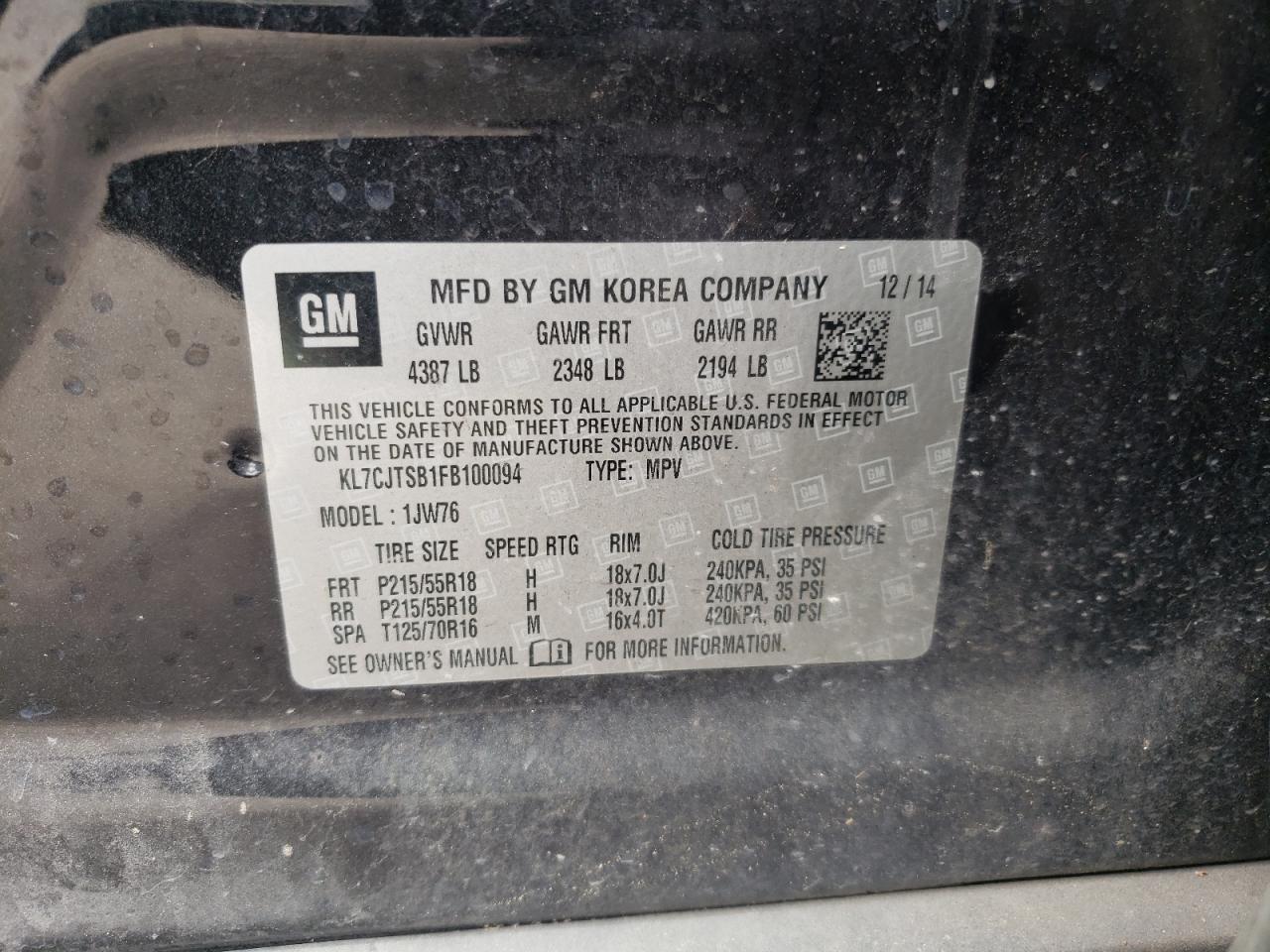 2015 Chevrolet Trax Ltz VIN: KL7CJTSB1FB100094 Lot: 85255965