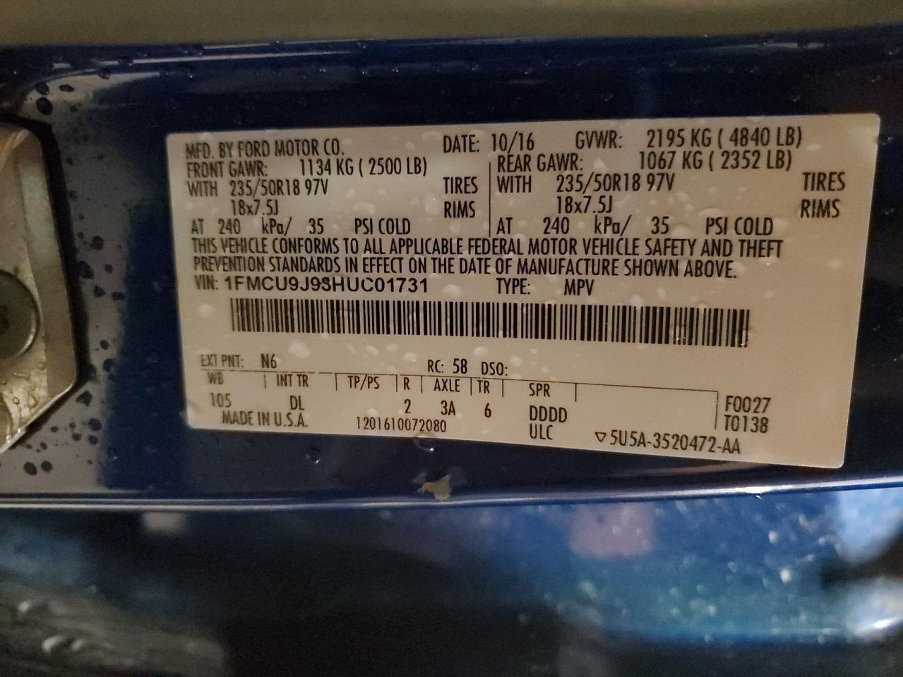 2017 Ford Escape Titanium VIN: 1FMCU9J98HUC01731 Lot: 86617075