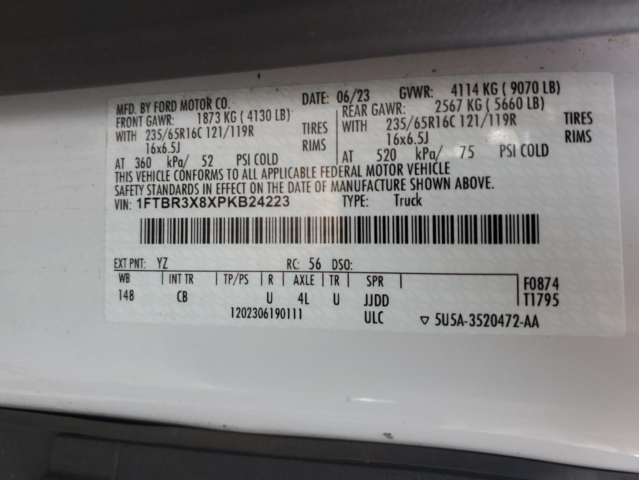 2023 Ford Transit T-250 VIN: 1FTBR3X8XPKB24223 Lot: 90020465