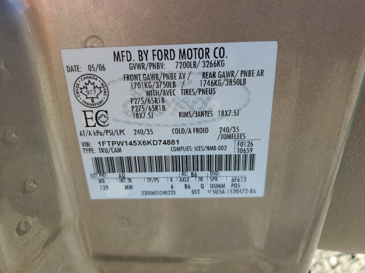 2006 Ford F150 Supercrew VIN: 1FTPW145X6KD74881 Lot: 85202045