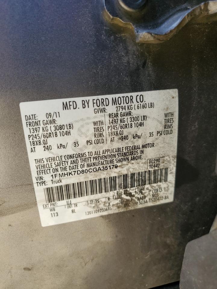 2012 Ford Explorer Xlt VIN: 1FMHK7D80CGA35179 Lot: 84887985