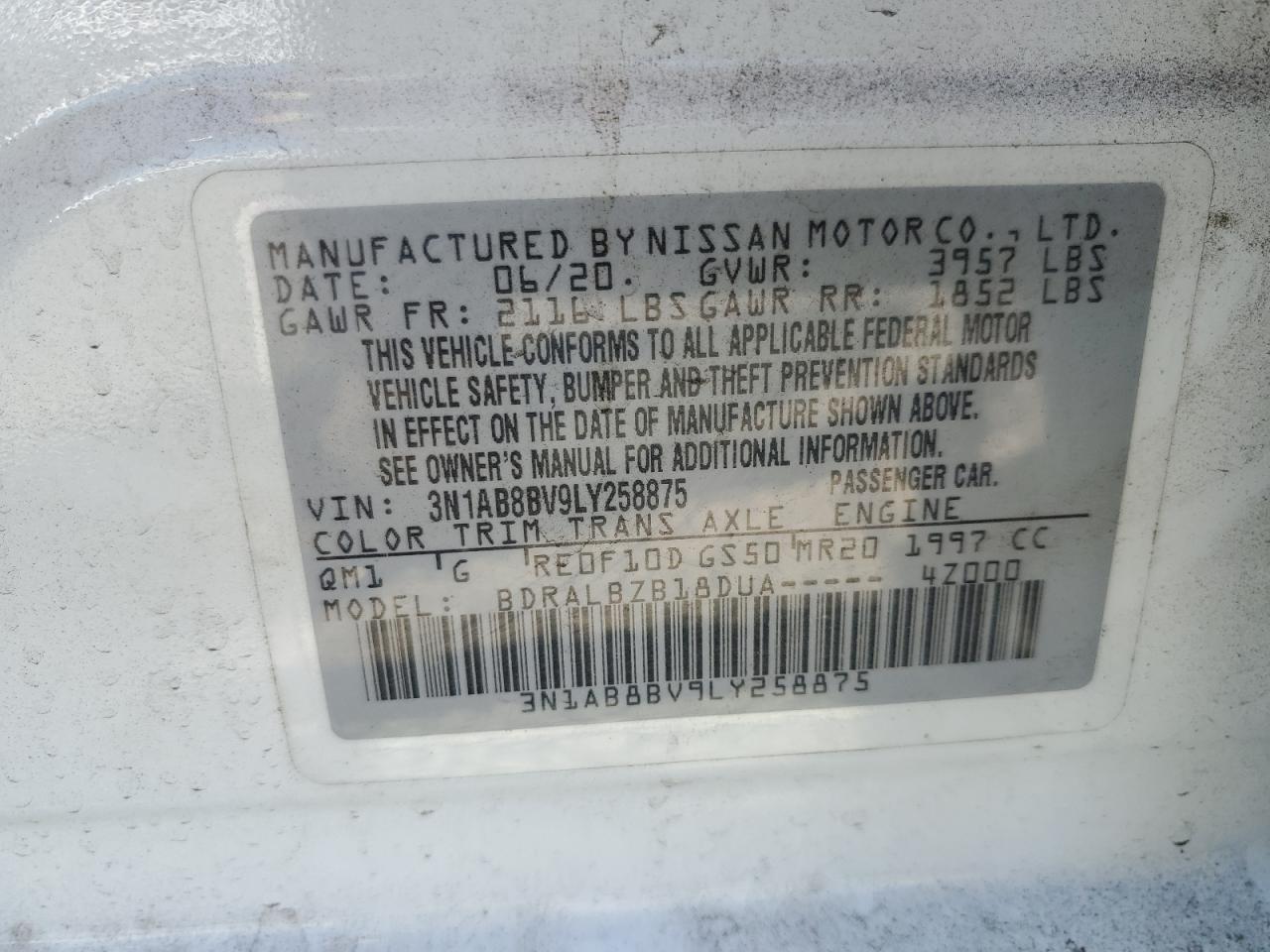 2020 Nissan Sentra S VIN: 3N1AB8BV9LY258875 Lot: 85013375
