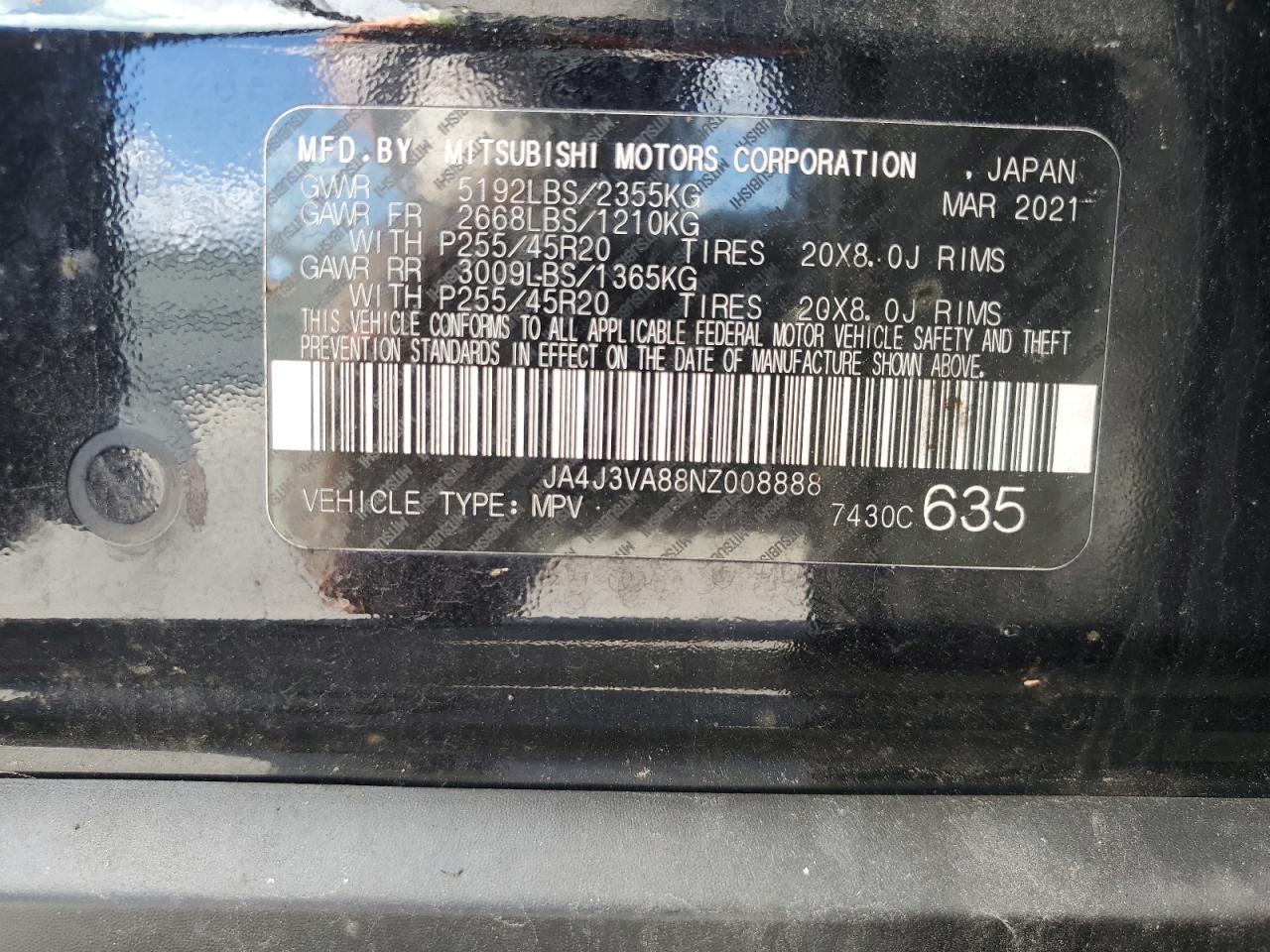 2022 Mitsubishi Outlander Sel VIN: JA4J3VA88NZ008888 Lot: 82258465