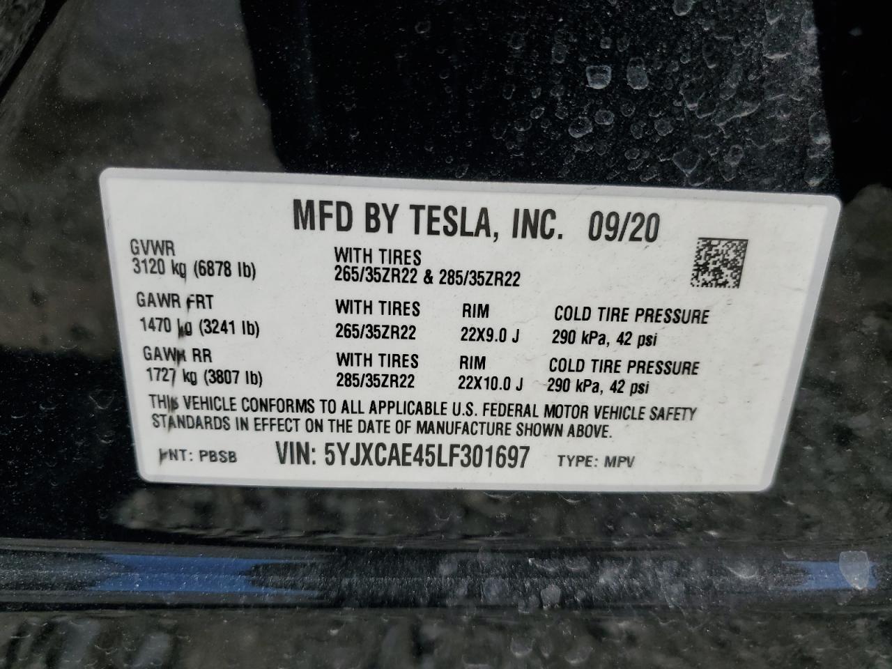 2020 Tesla Model X VIN: 5YJXCAE45LF301697 Lot: 85193505