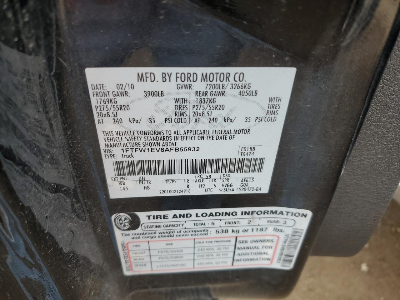 2010 Ford F150 Supercrew VIN: 1FTFW1EV8AFB55932 Lot: 86858425