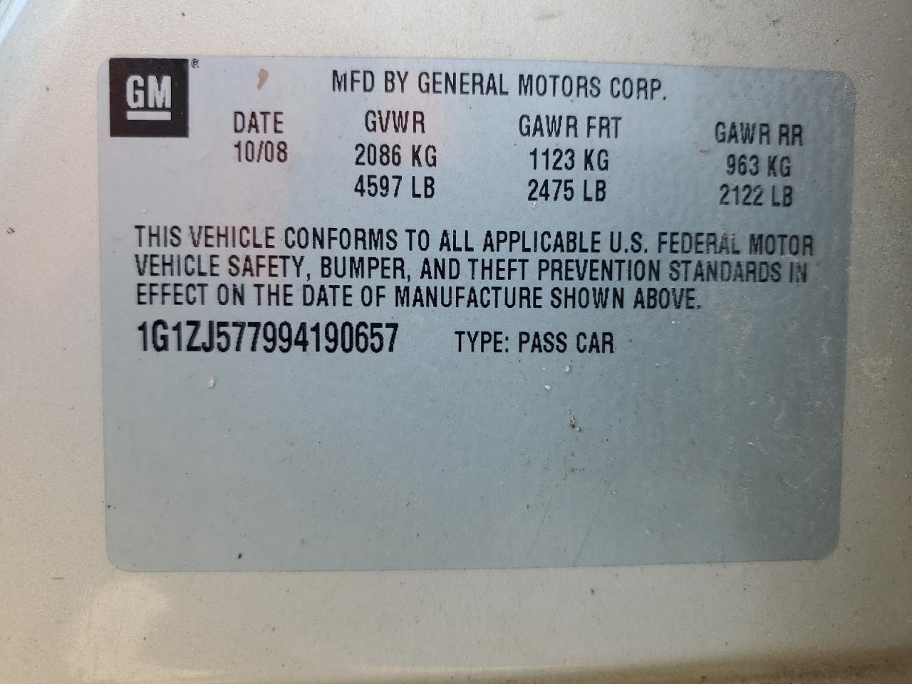 2009 Chevrolet Malibu 2Lt VIN: 1G1ZJ577994190657 Lot: 84048645