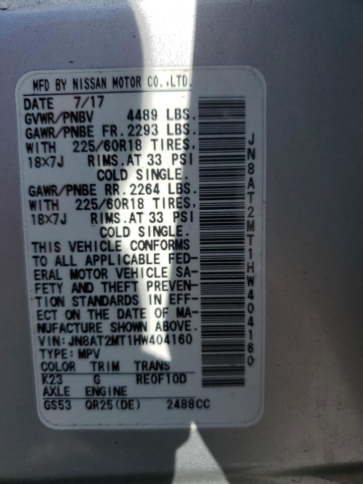 2017 Nissan Rogue S VIN: JN8AT2MT1HW404160 Lot: 85777055