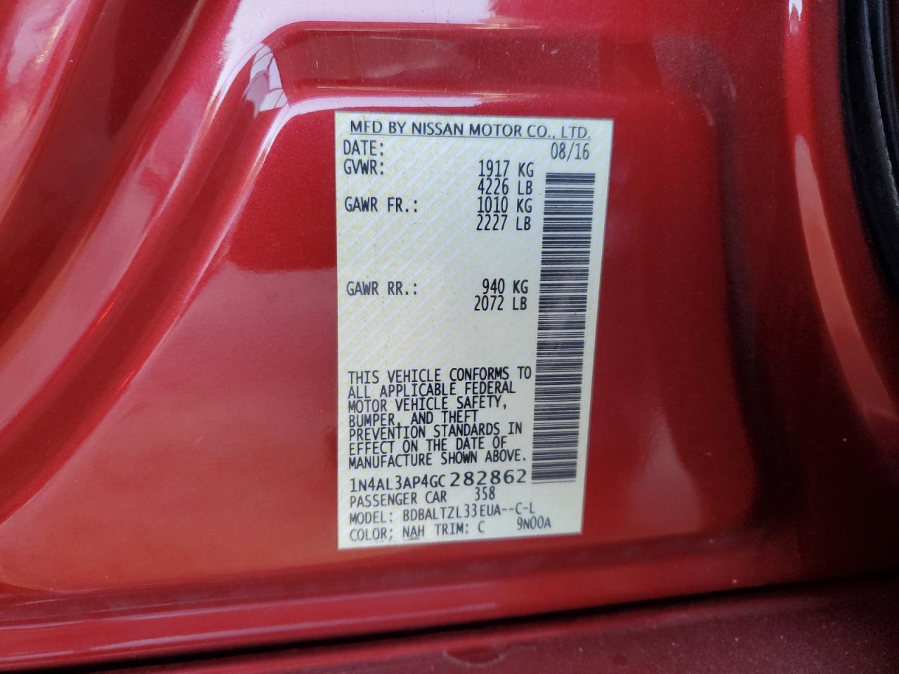 2016 Nissan Altima 2.5 VIN: 1N4AL3AP4GC282862 Lot: 82486245