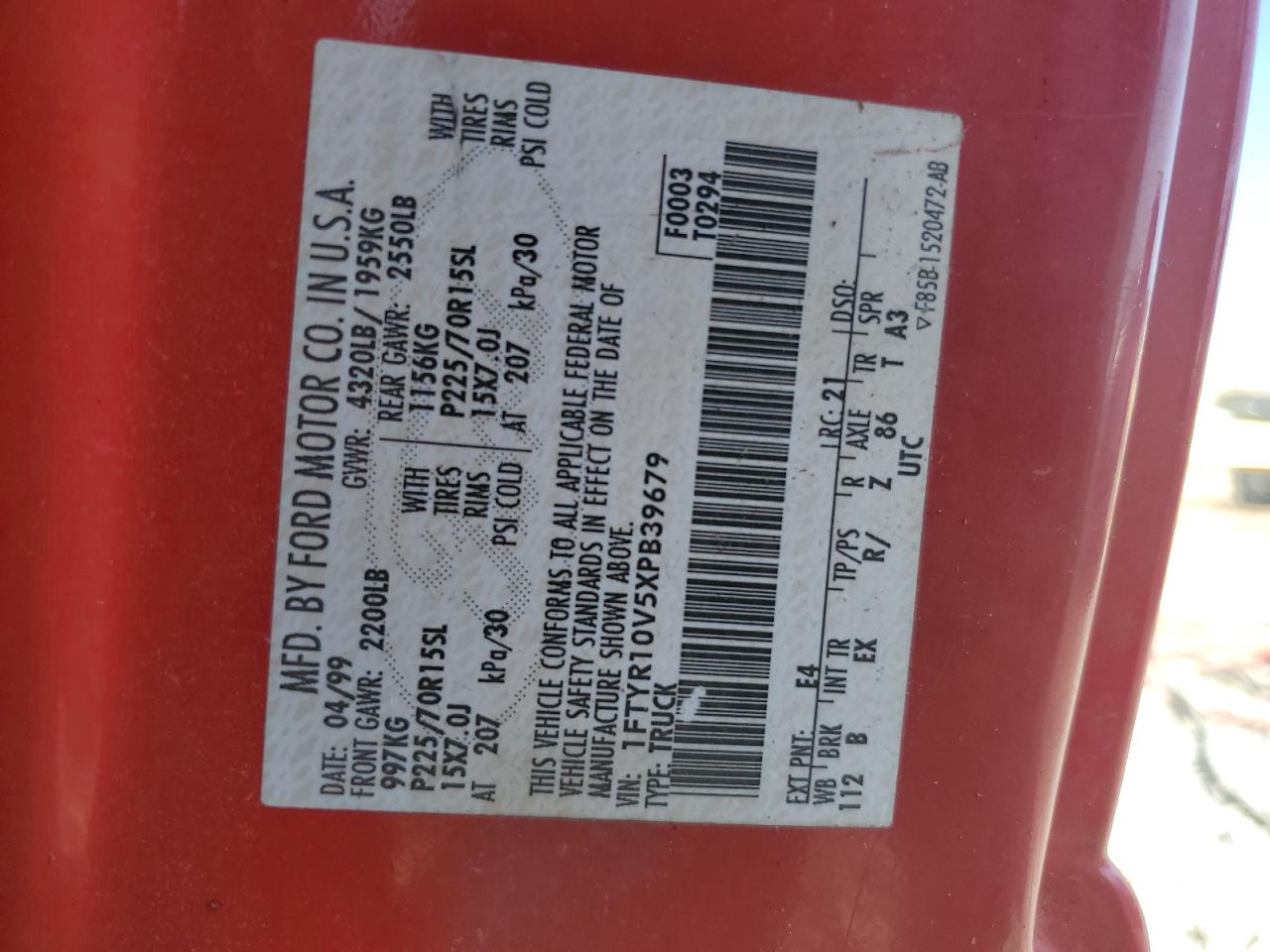 1999 Ford Ranger VIN: 1FTYR10V5XPB39679 Lot: 89703385