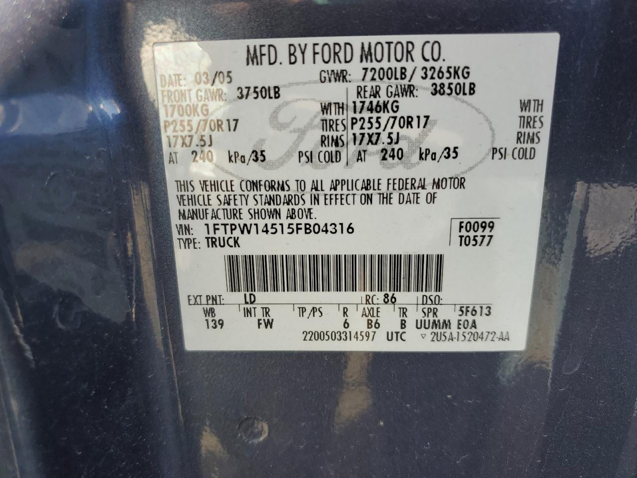 2005 Ford F150 Supercrew VIN: 1FTPW14515FB04316 Lot: 82360495