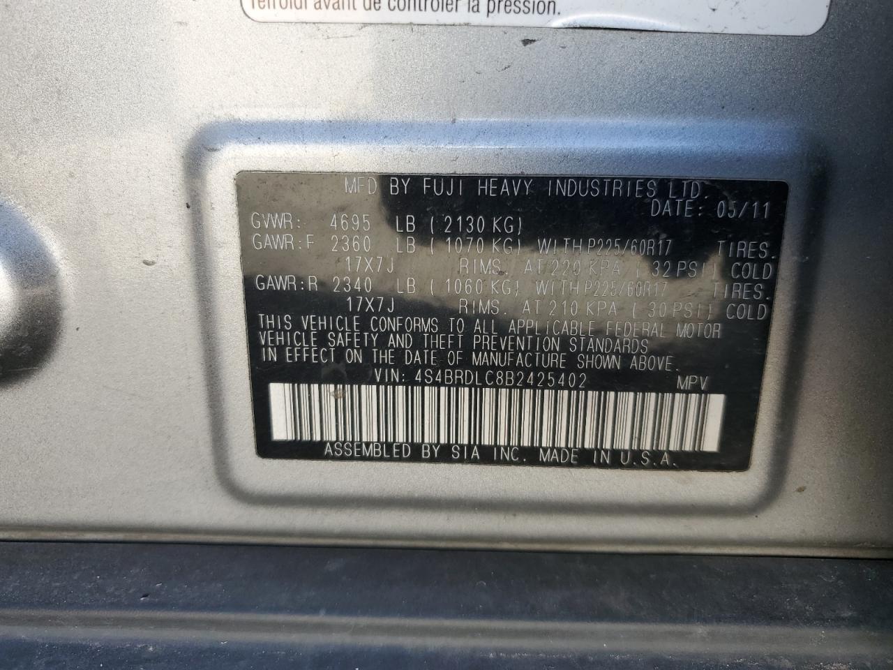 2011 Subaru Outback 3.6R Limited VIN: 4S4BRDLC8B2425402 Lot: 85901395