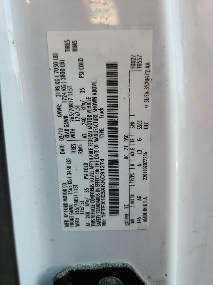 2019 Ford F150 Super Cab VIN: 1FTFX1E5XKKC91274 Lot: 90996545