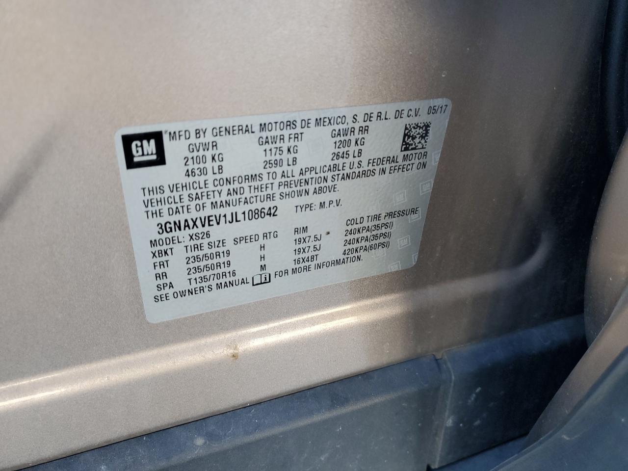 2018 Chevrolet Equinox Premier VIN: 3GNAXVEV1JL108642 Lot: 84890925