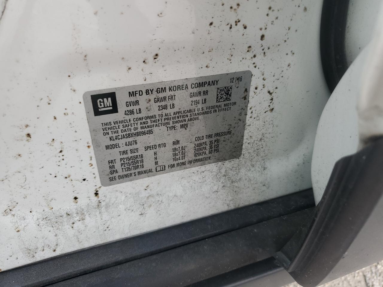 2017 Buick Encore Preferred VIN: KL4CJASBXHB096485 Lot: 82178045