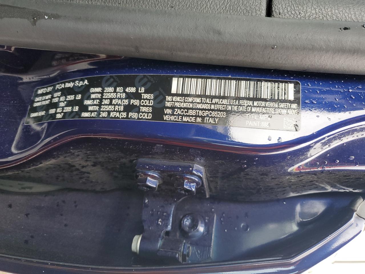 2016 Jeep Renegade Latitude VIN: ZACCJBBT8GPC65203 Lot: 85137765