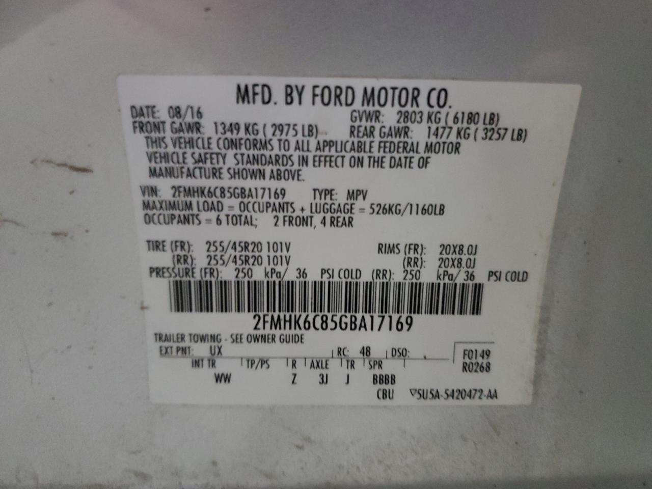 2016 Ford Flex Sel VIN: 2FMHK6C85GBA17169 Lot: 86805155