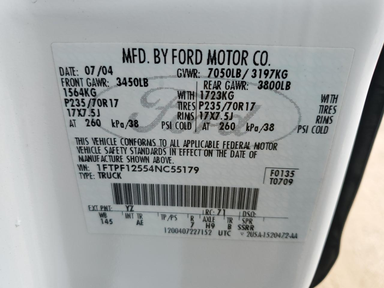 2004 Ford F150 VIN: 1FTPF12554NC55179 Lot: 85750845