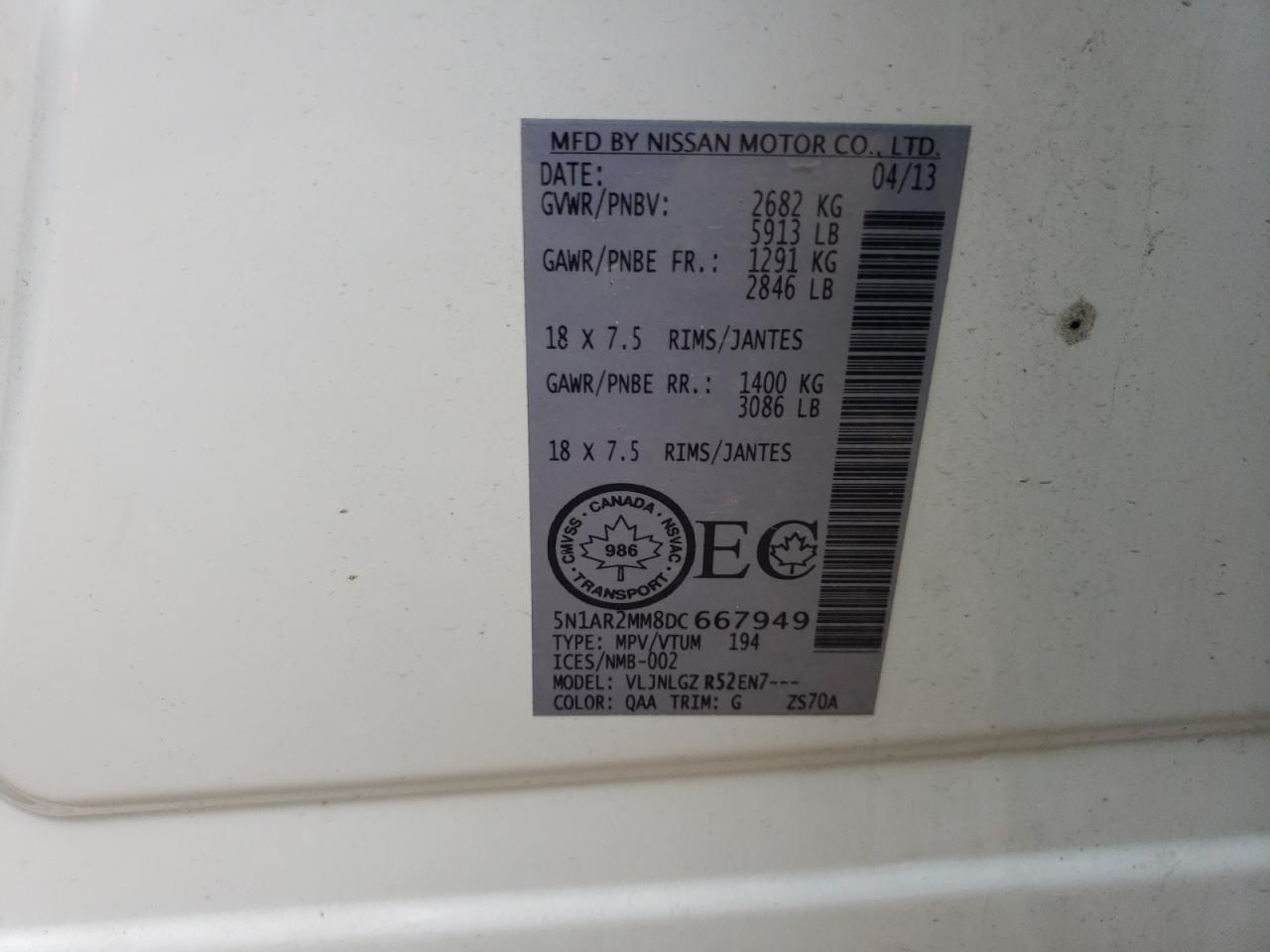 2013 Nissan Pathfinder S VIN: 5N1AR2MM8DC667949 Lot: 87120385