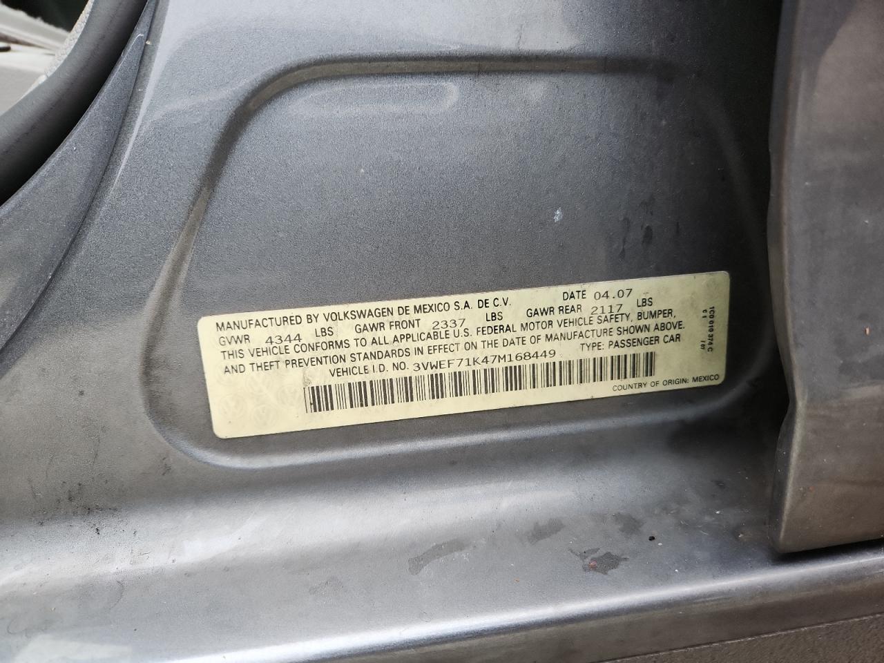 2007 Volkswagen Jetta Wolfsburg VIN: 3VWEF71K47M168449 Lot: 85496835