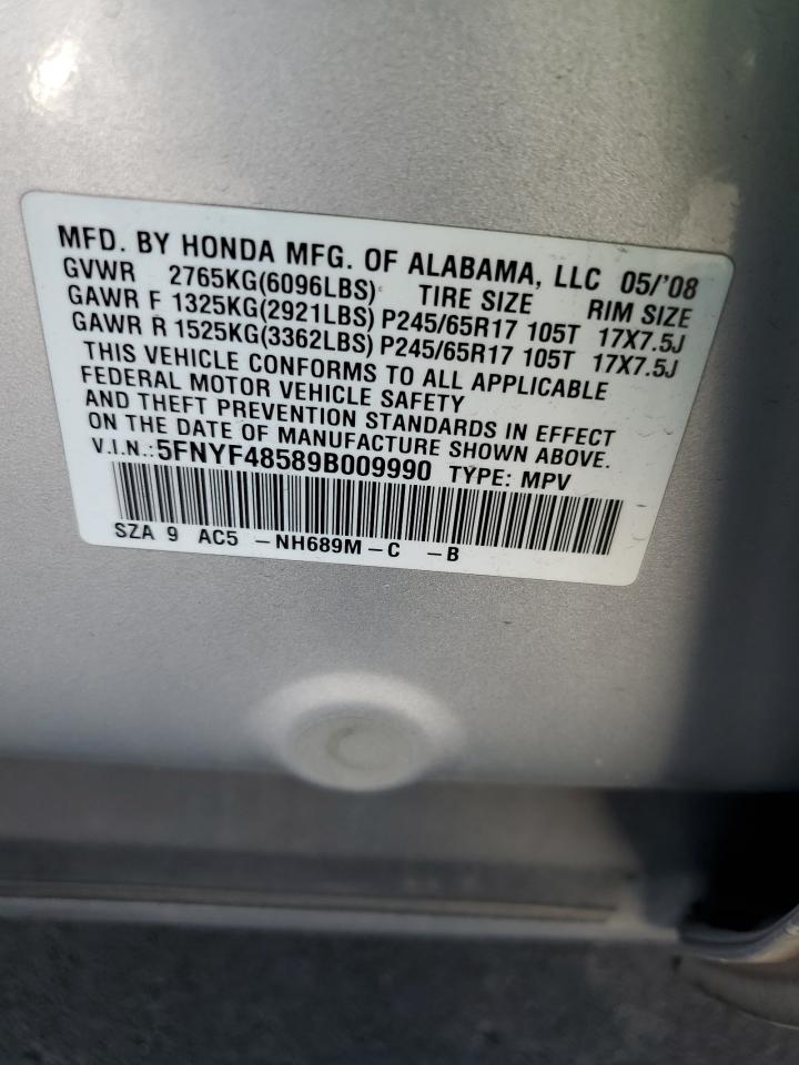 2009 Honda Pilot Exl VIN: 5FNYF48589B009990 Lot: 82772095