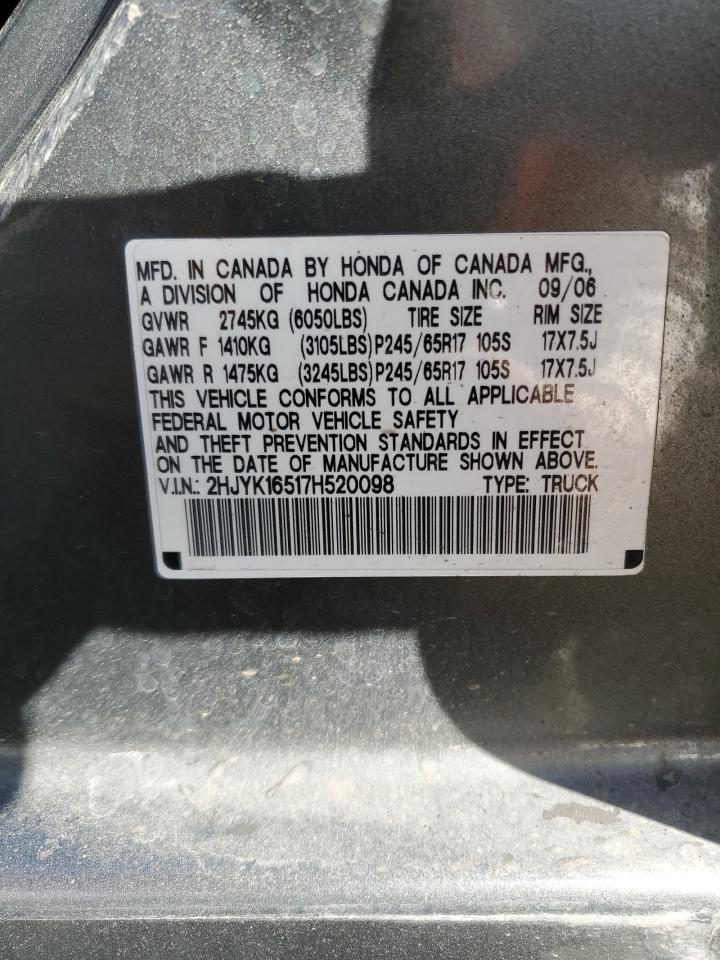 2007 Honda Ridgeline Rtl VIN: 2HJYK16517H520098 Lot: 87119705