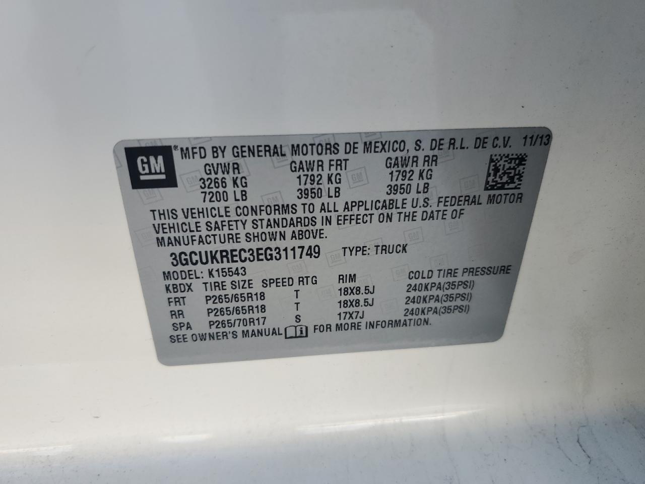 2014 Chevrolet Silverado K1500 Lt VIN: 3GCUKREC3EG311749 Lot: 85561315