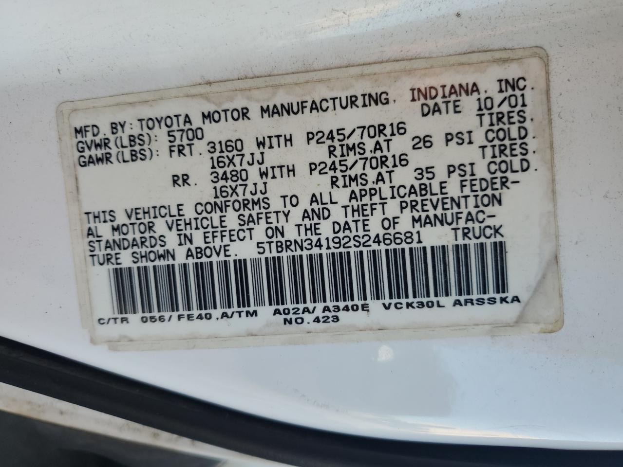 2002 Toyota Tundra Access Cab Sr5 VIN: 5TBRN34192S246681 Lot: 85837325