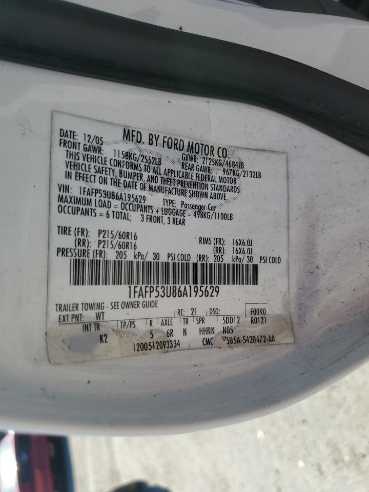 2006 Ford Taurus Se VIN: 1FAFP53U86A195629 Lot: 89855035